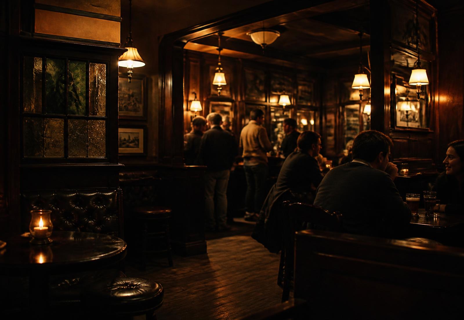 Warm, dimly lit Dublin pub interior with people socialising